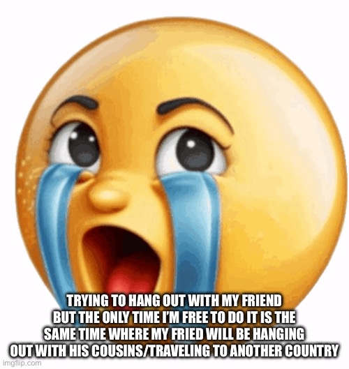 Realistic sob crying emoji | TRYING TO HANG OUT WITH MY FRIEND BUT THE ONLY TIME I’M FREE TO DO IT IS THE SAME TIME WHERE MY FRIED WILL BE HANGING OUT WITH HIS COUSINS/TRAVELING TO ANOTHER COUNTRY | image tagged in realistic sob crying emoji | made w/ Imgflip meme maker