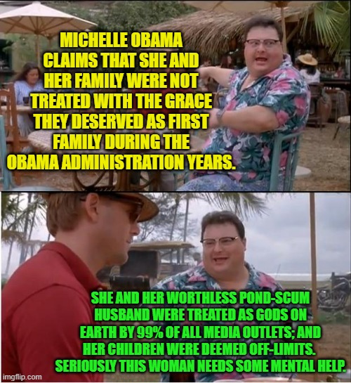 Then the instant Barack's RULE was over Netflix stuffed $40 dollars into his pocket. | MICHELLE OBAMA CLAIMS THAT SHE AND HER FAMILY WERE NOT TREATED WITH THE GRACE THEY DESERVED AS FIRST FAMILY DURING THE OBAMA ADMINISTRATION YEARS. SHE AND HER WORTHLESS POND-SCUM HUSBAND WERE TREATED AS GODS ON EARTH BY 99% OF ALL MEDIA OUTLETS; AND HER CHILDREN WERE DEEMED OFF-LIMITS.  SERIOUSLY THIS WOMAN NEEDS SOME MENTAL HELP. | image tagged in see nobody cares | made w/ Imgflip meme maker