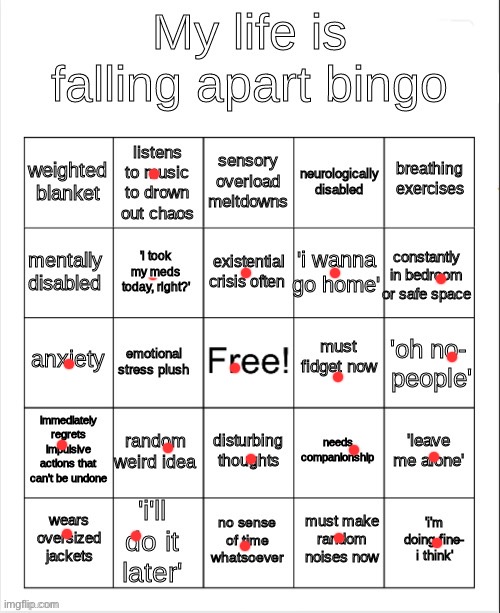 Fish or sumthing Idfk | image tagged in my life is falling apart bingo | made w/ Imgflip meme maker