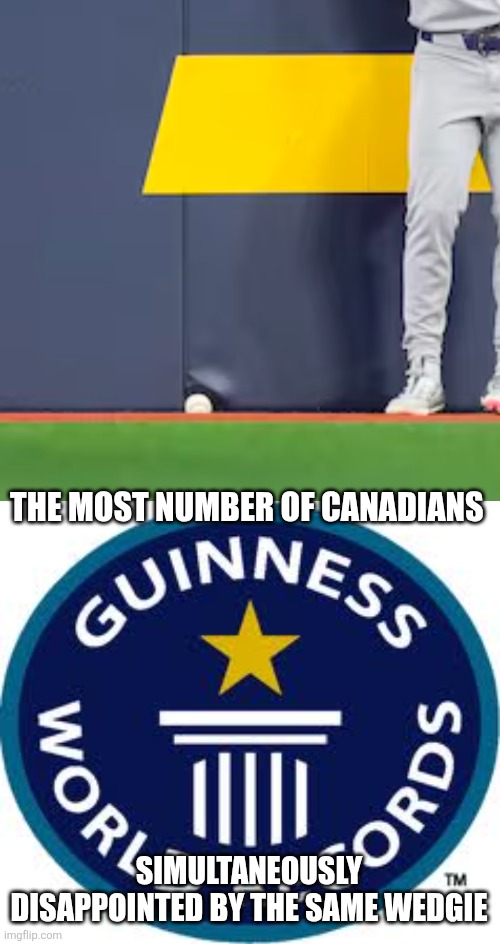 Wedged Ball | THE MOST NUMBER OF CANADIANS; SIMULTANEOUSLY DISAPPOINTED BY THE SAME WEDGIE | image tagged in memes,guinness world record,baseball,world series,toronto blue jays,mlb baseball | made w/ Imgflip meme maker