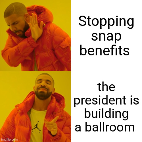 Drake Hotline Bling Meme | Stopping snap benefits the president is building a ballroom | image tagged in memes,drake hotline bling | made w/ Imgflip meme maker