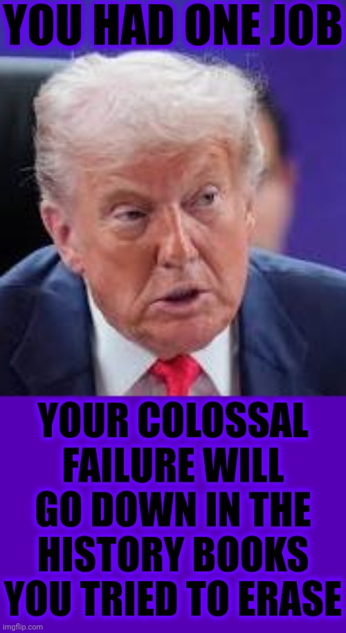 COLOSSAL FAILURE | YOU HAD ONE JOB; YOUR COLOSSAL FAILURE WILL GO DOWN IN THE HISTORY BOOKS YOU TRIED TO ERASE | image tagged in memes,failure,maga,nazis,lock him up,trump is a convicted felon | made w/ Imgflip meme maker