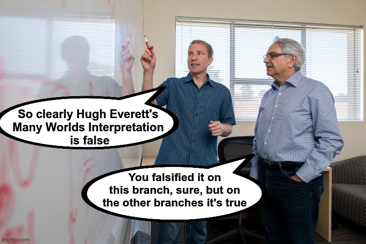Quantum physics | So clearly Hugh Everett's 
Many Worlds Interpretation 
is false; You falsified it on this branch, sure, but on the other branches it's true | image tagged in quantum physics | made w/ Imgflip meme maker