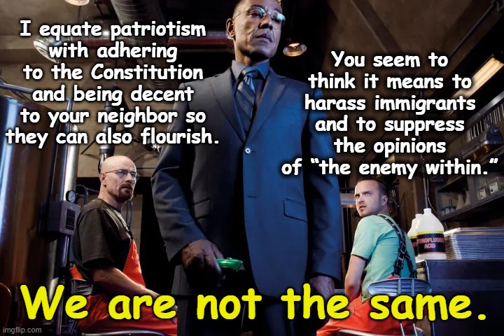 MAGA "Patriotism" | You seem to think it means to harass immigrants and to suppress the opinions of “the enemy within.”; I equate patriotism with adhering to the Constitution and being decent to your neighbor so they can also flourish. We are not the same. | image tagged in maga,fascists,breaking bad,donald trump you're fired,nevertrump,right wing | made w/ Imgflip meme maker