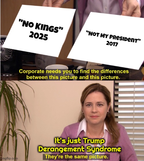 They're The Same Picture Meme | "No Kings"
2025 "Not My President"
2017 It's just Trump Derangement Syndrome | image tagged in memes,they're the same picture | made w/ Imgflip meme maker