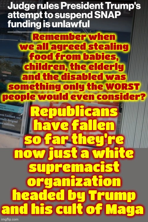 Swear. Her. In! | Republicans have fallen so far they're now just a white supremacist organization headed by Trump and his cult of Maga; Remember when we all agreed stealing food from babies, children, the elderly and the disabled was something only the WORST people would even consider? | image tagged in memes,maga,nazis,liars,cheaters,lock him up | made w/ Imgflip meme maker