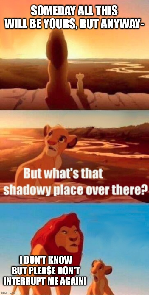 Simba Shadowy Place | SOMEDAY ALL THIS WILL BE YOURS, BUT ANYWAY-; I DON'T KNOW BUT PLEASE DON'T INTERRUPT ME AGAIN! | image tagged in memes,simba shadowy place | made w/ Imgflip meme maker