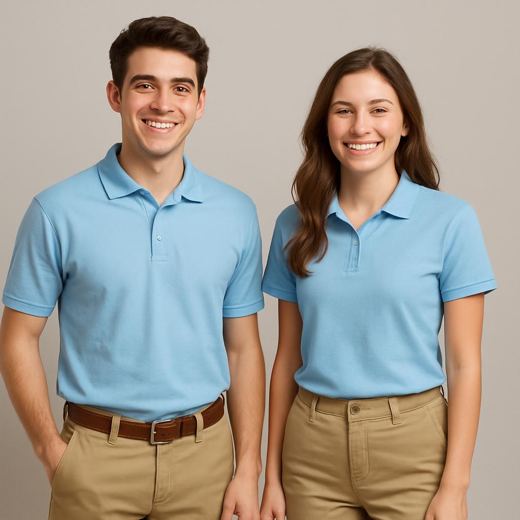 Young man and woman in light blue polo shirts and khaki pants Blank Meme Template
