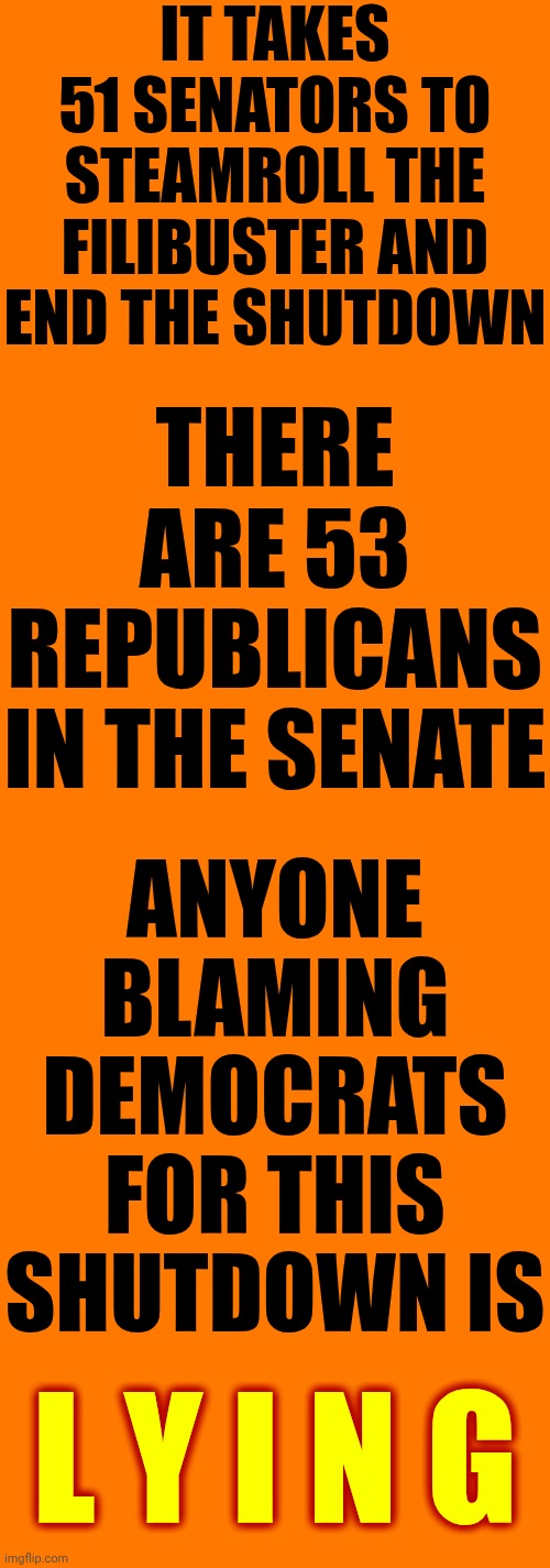 LIARS | IT TAKES 51 SENATORS TO STEAMROLL THE FILIBUSTER AND END THE SHUTDOWN; THERE ARE 53 REPUBLICANS IN THE SENATE; ANYONE BLAMING DEMOCRATS FOR THIS SHUTDOWN IS; L Y I N G | image tagged in memes,maga,nazis,liars,government shutdown,trump lies | made w/ Imgflip meme maker
