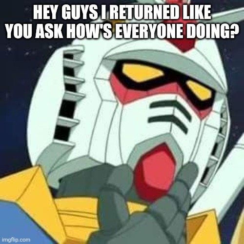 gundam | HEY GUYS I RETURNED LIKE YOU ASK HOW'S EVERYONE DOING? | image tagged in gundam | made w/ Imgflip meme maker