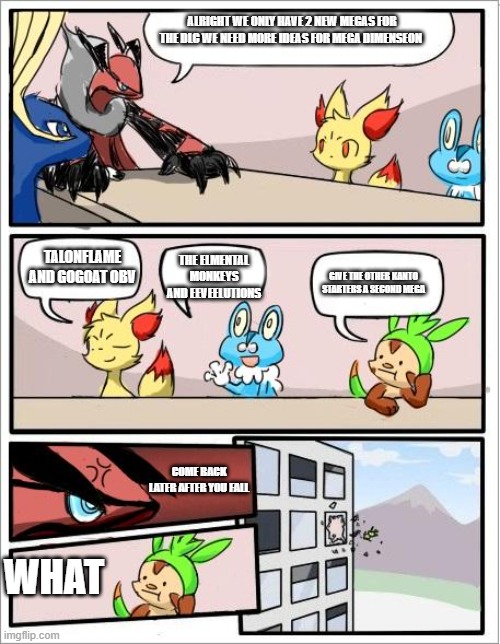 A STORY MEME PART 1 | ALRIGHT WE ONLY HAVE 2 NEW MEGAS FOR THE DLC WE NEED MORE IDEAS FOR MEGA DIMENSEON; TALONFLAME AND GOGOAT OBV; THE ELMENTAL MONKEYS AND EEVEELUTIONS; GIVE THE OTHER KANTO STARTERS A SECOND MEGA; COME BACK LATER AFTER YOU FALL; WHAT | image tagged in pokemon board meeting | made w/ Imgflip meme maker