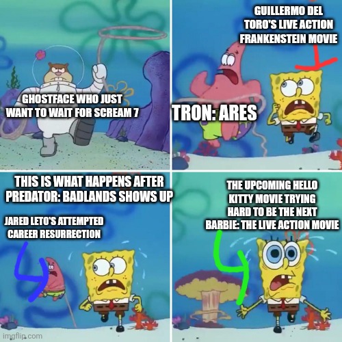 Sandy Lasso | GUILLERMO DEL TORO'S LIVE ACTION FRANKENSTEIN MOVIE; GHOSTFACE WHO JUST WANT TO WAIT FOR SCREAM 7; TRON: ARES; THIS IS WHAT HAPPENS AFTER PREDATOR: BADLANDS SHOWS UP; THE UPCOMING HELLO KITTY MOVIE TRYING HARD TO BE THE NEXT BARBIE: THE LIVE ACTION MOVIE; JARED LETO'S ATTEMPTED CAREER RESURRECTION | image tagged in sandy lasso,tron,hello kitty,ghostface,fortune teller,frankenstein | made w/ Imgflip meme maker