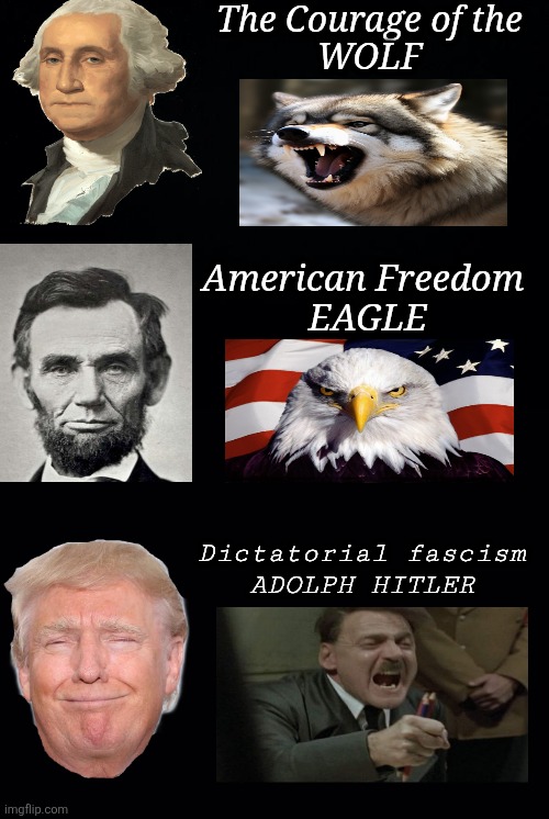 Each President has a Spirit Animal, here are a few examples | The Courage of the 
WOLF; American Freedom 
 EAGLE; Dictatorial fascism 
ADOLPH HITLER | image tagged in trump,fascist,animal,hitler,spirit,maga | made w/ Imgflip meme maker