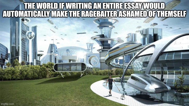 The future world if | THE WORLD IF WRITING AN ENTIRE ESSAY WOULD AUTOMATICALLY MAKE THE RAGEBAITER ASHAMED OF THEMSELF | image tagged in the future world if | made w/ Imgflip meme maker