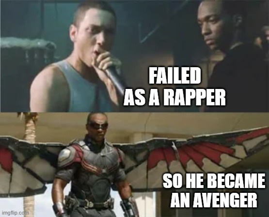 Way to Go Falcon | FAILED AS A RAPPER; SO HE BECAME AN AVENGER | image tagged in falcon,avengers | made w/ Imgflip meme maker