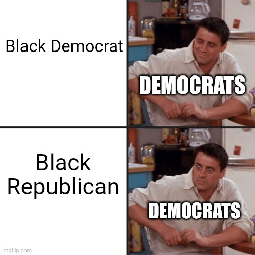 Black Democrat vs Black Republican | Black Democrat; DEMOCRATS; Black Republican; DEMOCRATS | image tagged in joey friends | made w/ Imgflip meme maker