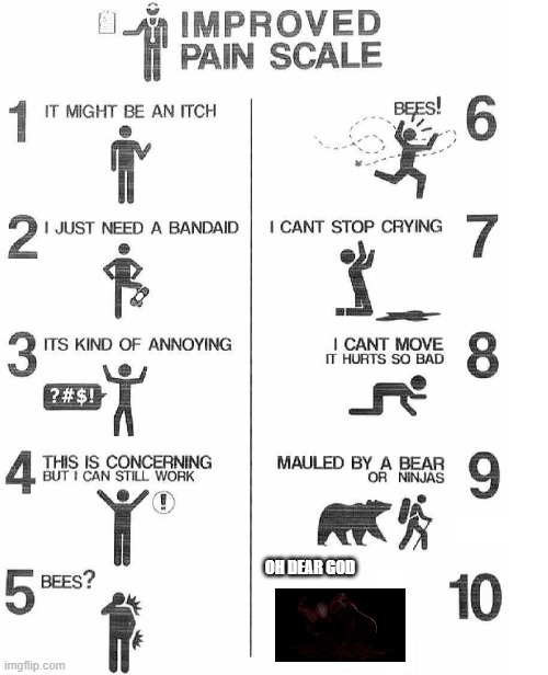 pain scale meme | OH DEAR GOD | image tagged in improved pain scale | made w/ Imgflip meme maker