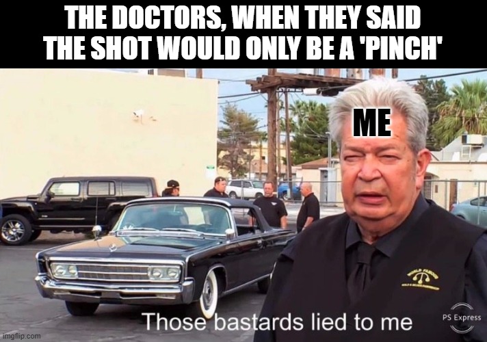 Hi five random person | THE DOCTORS, WHEN THEY SAID THE SHOT WOULD ONLY BE A 'PINCH'; ME | image tagged in those basterds lied to me | made w/ Imgflip meme maker