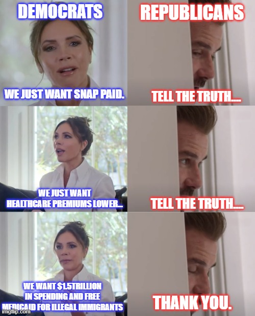 Tell the Truth | DEMOCRATS; REPUBLICANS; WE JUST WANT SNAP PAID. TELL THE TRUTH.... WE JUST WANT HEALTHCARE PREMIUMS LOWER... TELL THE TRUTH.... WE WANT $1.5TRILLION IN SPENDING AND FREE MEDICAID FOR ILLEGAL IMMIGRANTS; THANK YOU. | image tagged in be honest,schumer shutdown,democrats | made w/ Imgflip meme maker