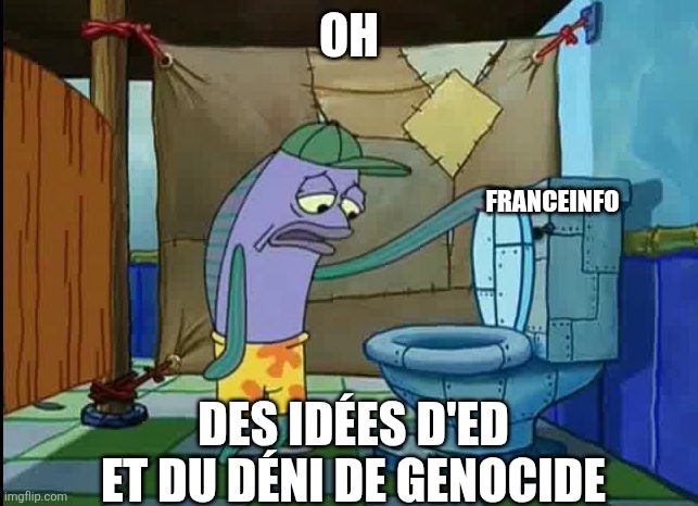 oh thats a toilet spongebob fish | OH; FRANCEINFO; DES IDÉES D'ED ET DU DÉNI DE GENOCIDE | image tagged in oh thats a toilet spongebob fish | made w/ Imgflip meme maker