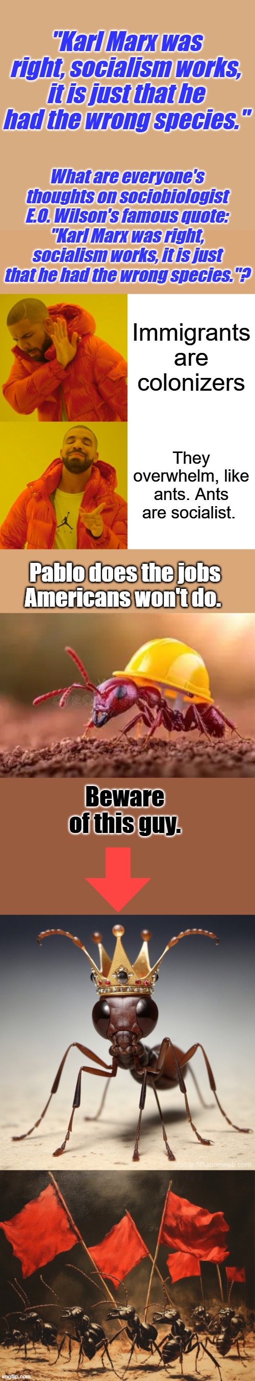 You want to live like ant's ? | "Karl Marx was right, socialism works, it is just that he had the wrong species."; What are everyone's thoughts on sociobiologist E.O. Wilson's famous quote: "Karl Marx was right, socialism works, it is just that he had the wrong species."? Immigrants are colonizers; They overwhelm, like ants. Ants are socialist. Pablo does the jobs Americans won't do. Beware of this guy. | image tagged in memes,drake hotline bling | made w/ Imgflip meme maker
