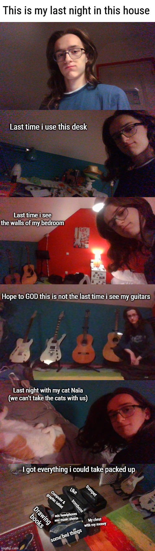 I am scared, i thought i would be able to slowly move my guitars to the music school, but i couldn't, i wont survive without hem | This is my last night in this house; Last time i use this desk; Last time i see the walls of my bedroom; Hope to GOD this is not the last time i see my guitars; Last night with my cat Naïa (we can't take the cats with us); I got everything i could take packed up; trumpet; Uke; Computer & graphic tablet; trombone; Drawing books; mic headphones and music sheets; My chest with my money; some bed things | made w/ Imgflip meme maker