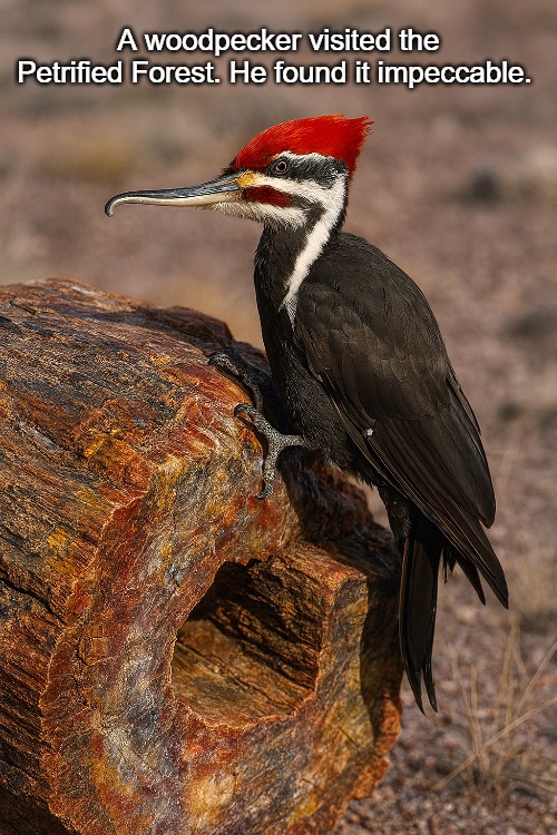 impeccable. | A woodpecker visited the Petrified Forest. He found it impeccable. | image tagged in impeccable,kewlew,bruh | made w/ Imgflip meme maker