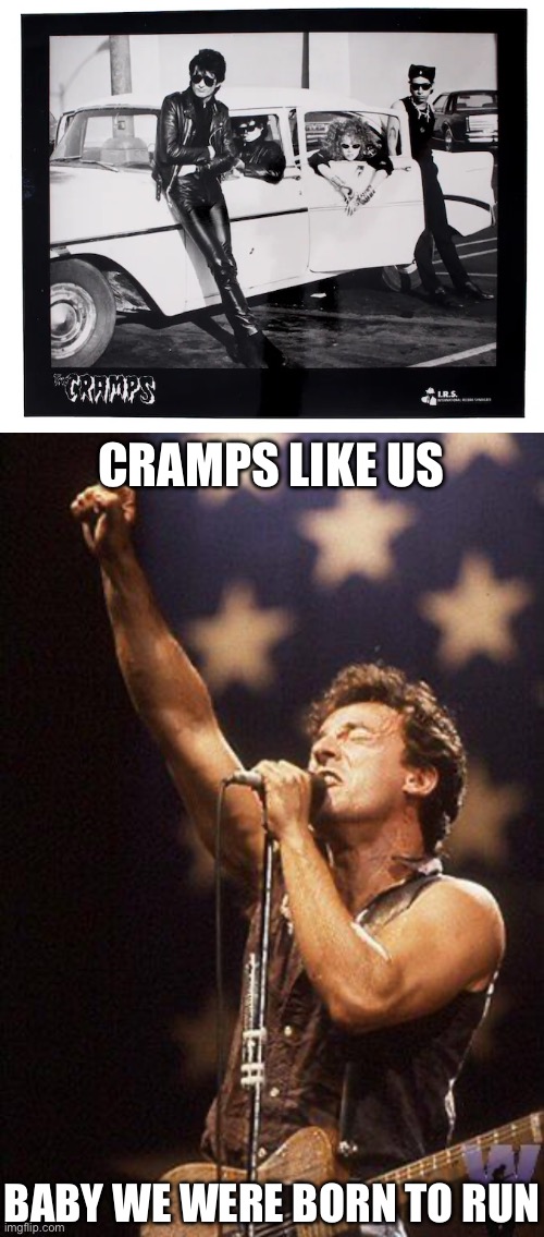 Born to run | CRAMPS LIKE US; BABY WE WERE BORN TO RUN | image tagged in bruce springsteen,cramps,the cramps,born,run | made w/ Imgflip meme maker