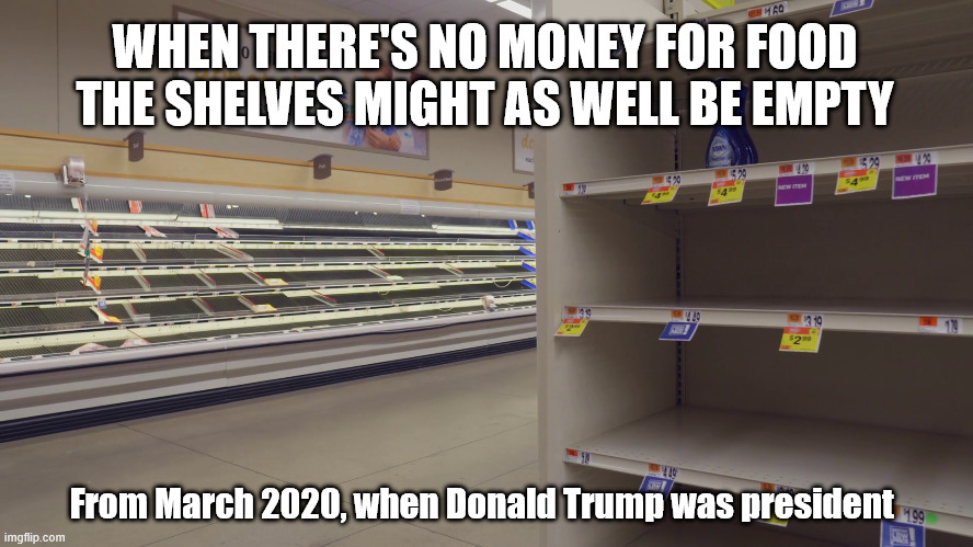 Those who forget history are doomed to repeat it | WHEN THERE'S NO MONEY FOR FOOD
THE SHELVES MIGHT AS WELL BE EMPTY; From March 2020, when Donald Trump was president | image tagged in snap,hunger games | made w/ Imgflip meme maker