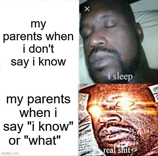 There is nothing to do with the words "i know" or "what", what is wrong with these parents? | my parents when i don't say i know; my parents when i say "i know" or "what" | image tagged in memes,sleeping shaq,fun,true story,based,relatable | made w/ Imgflip meme maker