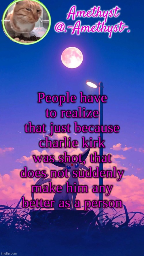 He said gun violence was a price to pay for the right of owning guns. | People have to realize that just because charlie kirk was shot, that does not suddenly make him any better as a person | image tagged in amethyst announcement template | made w/ Imgflip meme maker