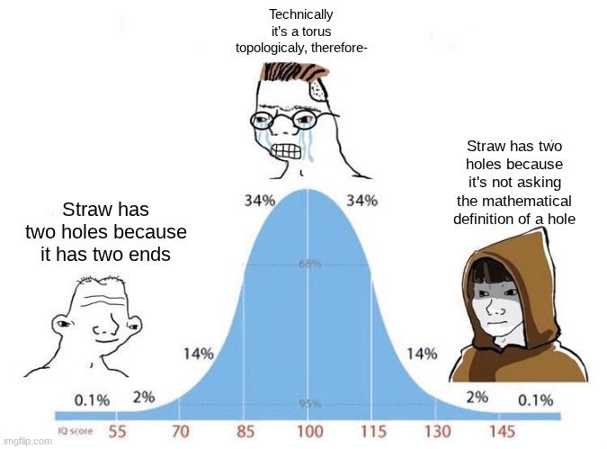The "holes in a straw" debate | Technically it’s a torus topologicaly, therefore-; Straw has two holes because it's not asking the mathematical definition of a hole; Straw has two holes because it has two ends | image tagged in bell curve | made w/ Imgflip meme maker