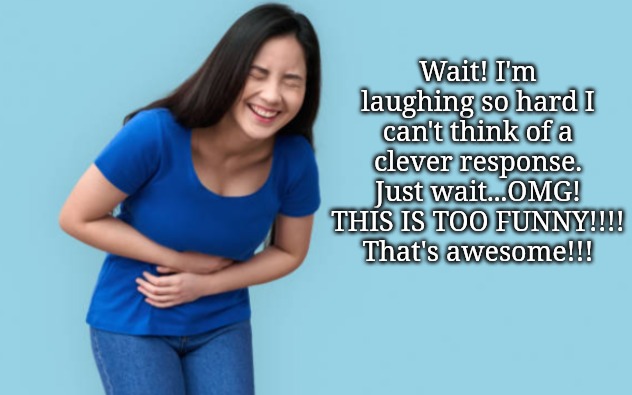 Belly laugh | Wait! I'm laughing so hard I can't think of a clever response. Just wait...OMG! THIS IS TOO FUNNY!!!! That's awesome!!! | image tagged in belly laugh | made w/ Imgflip meme maker
