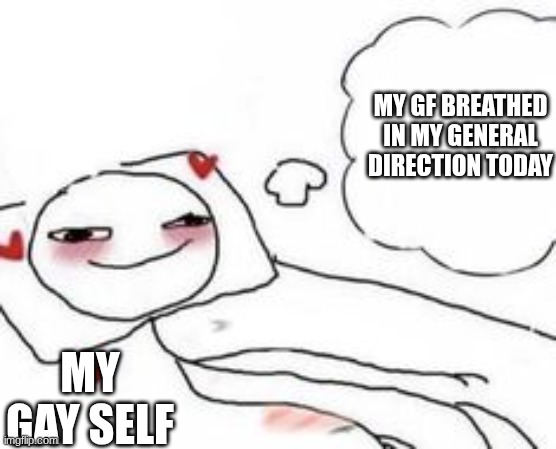 Gahhhhh WOMENNNNN | MY GF BREATHED IN MY GENERAL DIRECTION TODAY; MY GAY SELF | image tagged in stickman in bed blushing,lesbians | made w/ Imgflip meme maker