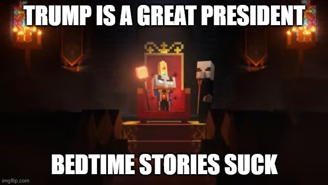 Arch Illager | TRUMP IS A GREAT PRESIDENT; BEDTIME STORIES SUCK | image tagged in arch illager | made w/ Imgflip meme maker