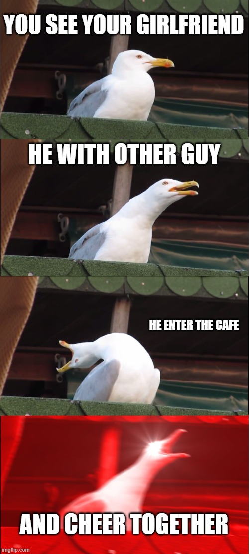 Noooo | YOU SEE YOUR GIRLFRIEND; HE WITH OTHER GUY; HE ENTER THE CAFE; AND CHEER TOGETHER | image tagged in memes,inhaling seagull,original meme,fun | made w/ Imgflip meme maker