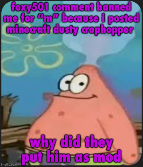 are we deadass | foxy501 comment banned me for “m” because i posted minecraft dusty crophopper; why did they put him as mod | image tagged in are we deadass | made w/ Imgflip meme maker