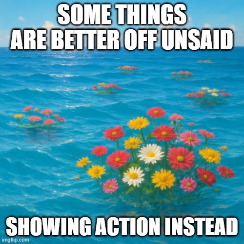 Flowers in the ocean | SOME THINGS ARE BETTER OFF UNSAID; SHOWING ACTION INSTEAD | image tagged in flowers in the ocean | made w/ Imgflip meme maker