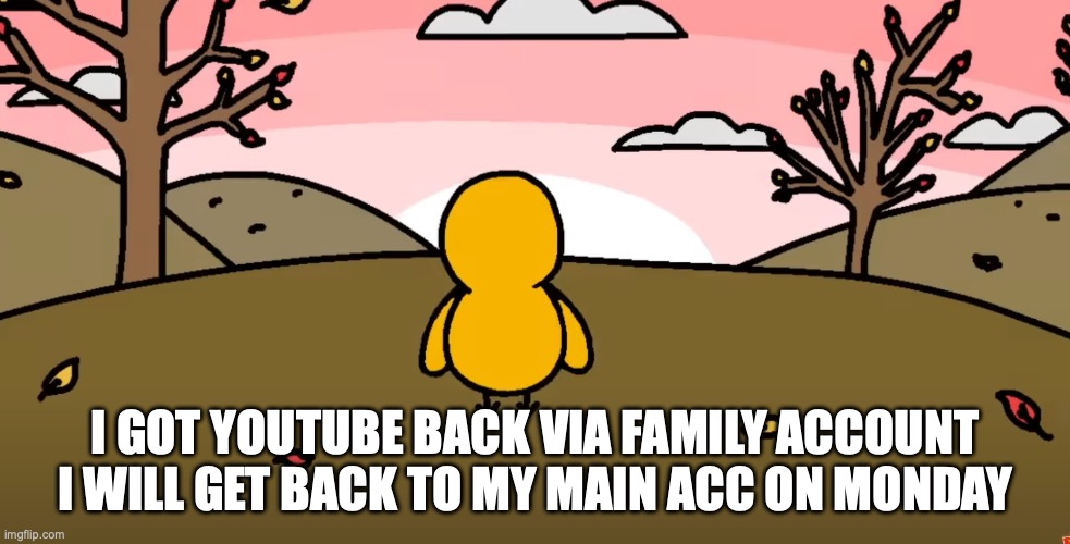 Duck walking into the Sunset | I GOT YOUTUBE BACK VIA FAMILY ACCOUNT I WILL GET BACK TO MY MAIN ACC ON MONDAY | image tagged in duck walking into the sunset | made w/ Imgflip meme maker