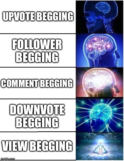 Begging | UPVOTE BEGGING; FOLLOWER BEGGING; COMMENT BEGGING; DOWNVOTE BEGGING; VIEW BEGGING | image tagged in expanding brain 5 panel | made w/ Imgflip meme maker