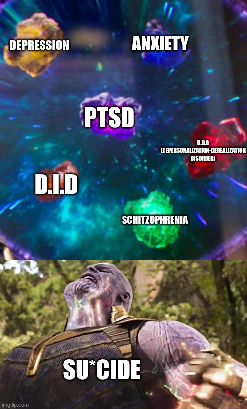 Thanos Infinity Stones | DEPRESSION; ANXIETY; PTSD; D.D.D (DEPERSONALIZATION-DEREALIZATION DISORDER); D.I.D; SCHITZOPHRENIA; SU*CIDE | image tagged in thanos infinity stones | made w/ Imgflip meme maker