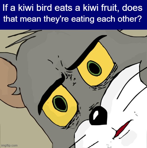 I have many bizarre questions. (I was just joking around when i was coming up with these questions) | If a kiwi bird eats a kiwi fruit, does; that mean they're eating each other? | image tagged in memes,unsettled tom,kiwi,tom,kiwi bird,bizzare question | made w/ Imgflip meme maker