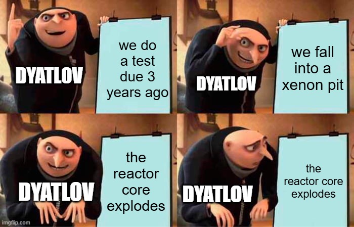 the chernobyl disaster explained | we do a test due 3 years ago; we fall into a xenon pit; DYATLOV; DYATLOV; the reactor core explodes; the reactor core explodes; DYATLOV; DYATLOV | image tagged in memes,gru's plan,chernobyl | made w/ Imgflip meme maker