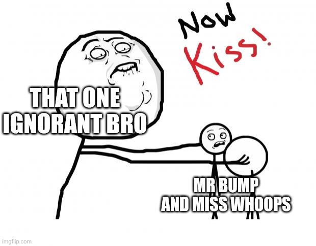 Like bro wat | THAT ONE IGNORANT BRO; MR BUMP AND MISS WHOOPS | image tagged in now kiss,mr bump,little miss,whoops,siblings,oh wow are you actually reading these tags | made w/ Imgflip meme maker