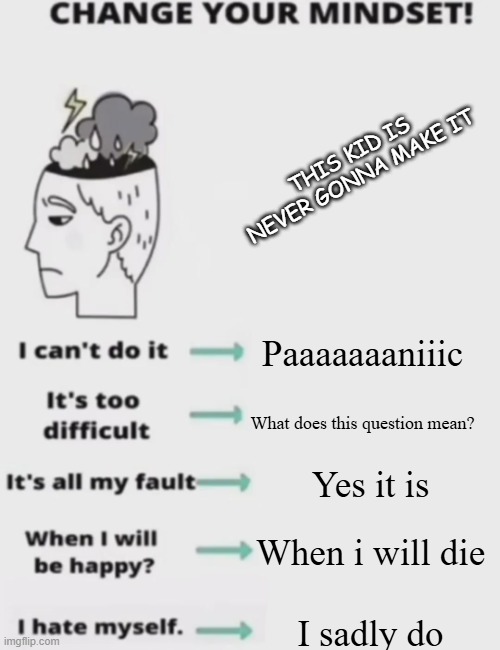 CHANGE YOUR MINDSET! | THIS KID IS NEVER GONNA MAKE IT; Paaaaaaaniiic; What does this question mean? Yes it is; When i will die; I sadly do | image tagged in change your mindset | made w/ Imgflip meme maker