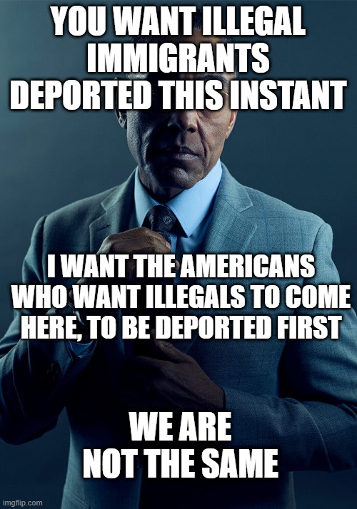Gus Fring we are not the same | YOU WANT ILLEGAL IMMIGRANTS DEPORTED THIS INSTANT; I WANT THE AMERICANS WHO WANT ILLEGALS TO COME HERE, TO BE DEPORTED FIRST; WE ARE NOT THE SAME | image tagged in gus fring we are not the same | made w/ Imgflip meme maker