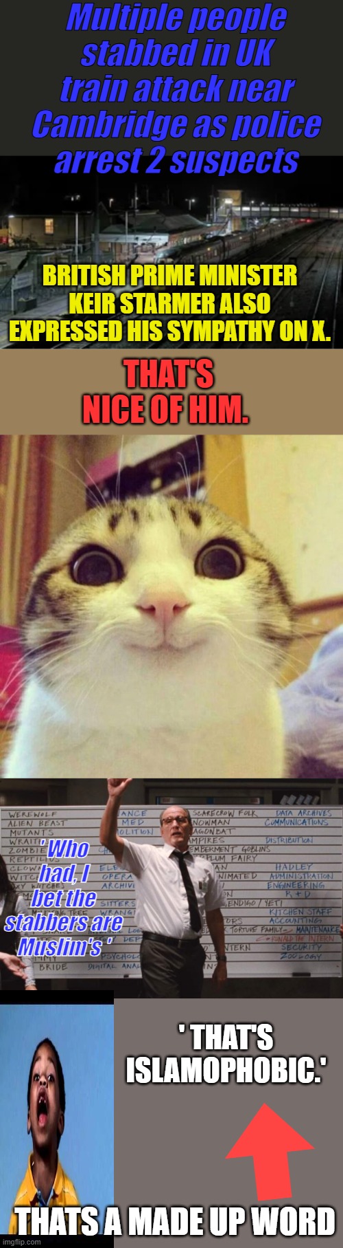 They can't hide it anymore, they're not migrants, they are invaders with no plan to assimilate in the host country. | Multiple people stabbed in UK train attack near Cambridge as police arrest 2 suspects; BRITISH PRIME MINISTER KEIR STARMER ALSO EXPRESSED HIS SYMPATHY ON X. THAT'S NICE OF HIM. ' Who had, I bet the stabbers are Muslim's '; ' THAT'S ISLAMOPHOBIC.'; THATS A MADE UP WORD | image tagged in memes,smiling cat | made w/ Imgflip meme maker