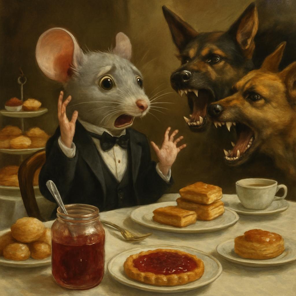 Topo di citta elegante a tavola con dolci e marmellata spaventat Blank Meme Template