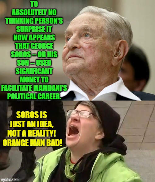 No shock here, eh? | TO ABSOLUTELY NO THINKING PERSON'S SURPRISE IT NOW APPEARS THAT GEORGE SOROS -- OR HIS SON -- USED SIGNIFICANT MONEY TO FACILITATE MAMDANI'S POLITICAL CAREER. SOROS IS JUST AN IDEA, NOT A REALITY!  ORANGE MAN BAD! | image tagged in yep | made w/ Imgflip meme maker