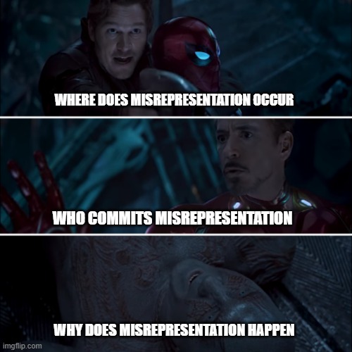 Gamora | WHERE DOES MISREPRESENTATION OCCUR; WHO COMMITS MISREPRESENTATION; WHY DOES MISREPRESENTATION HAPPEN | image tagged in gamora where who and why | made w/ Imgflip meme maker